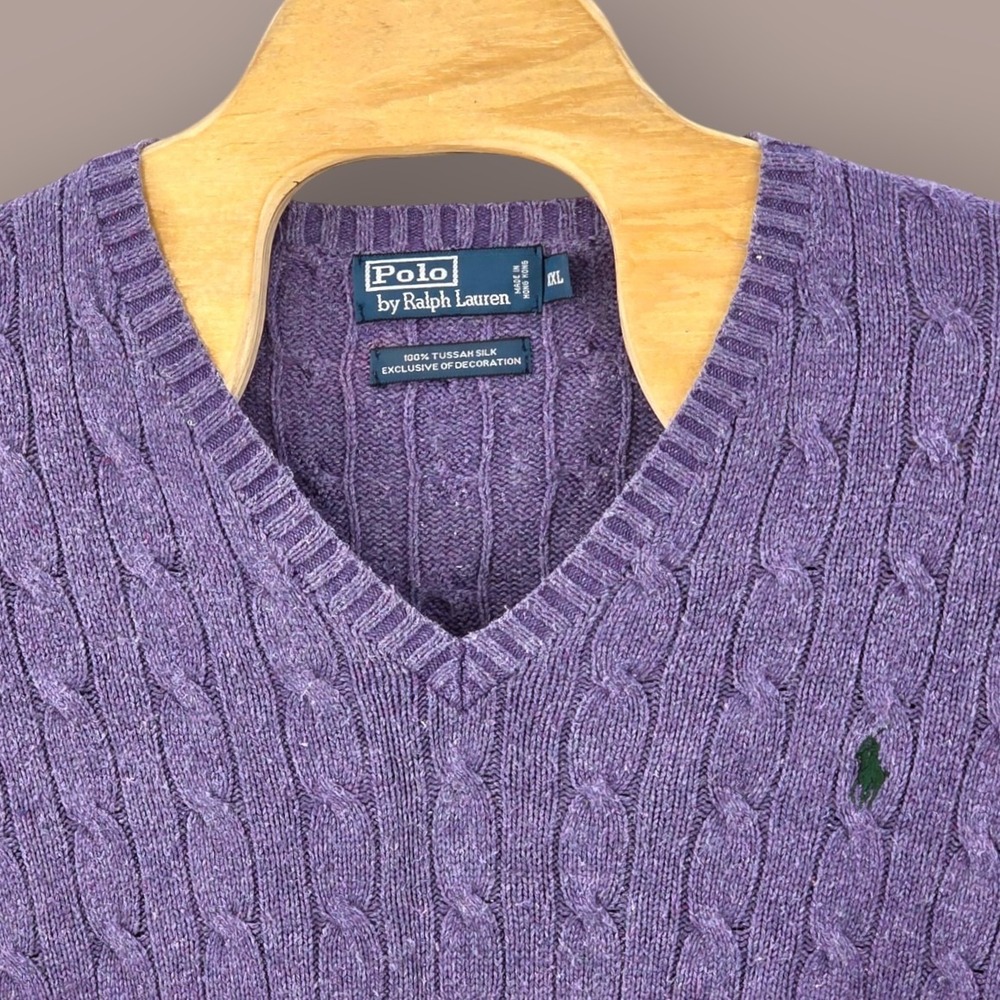 Polo By Ralph Lauren Sweater V-neck Men's 2XL Tussah Silk Purple Cable Knit Pony